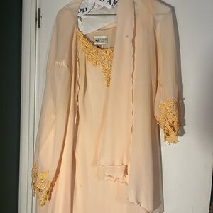 S.L. Fashions Peach Ensemble with Yellow Lace